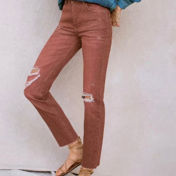 Pilcro Denim - Pilcro The Vintage Straight High Waist Burnt Red Raw Hem Jean Size 28